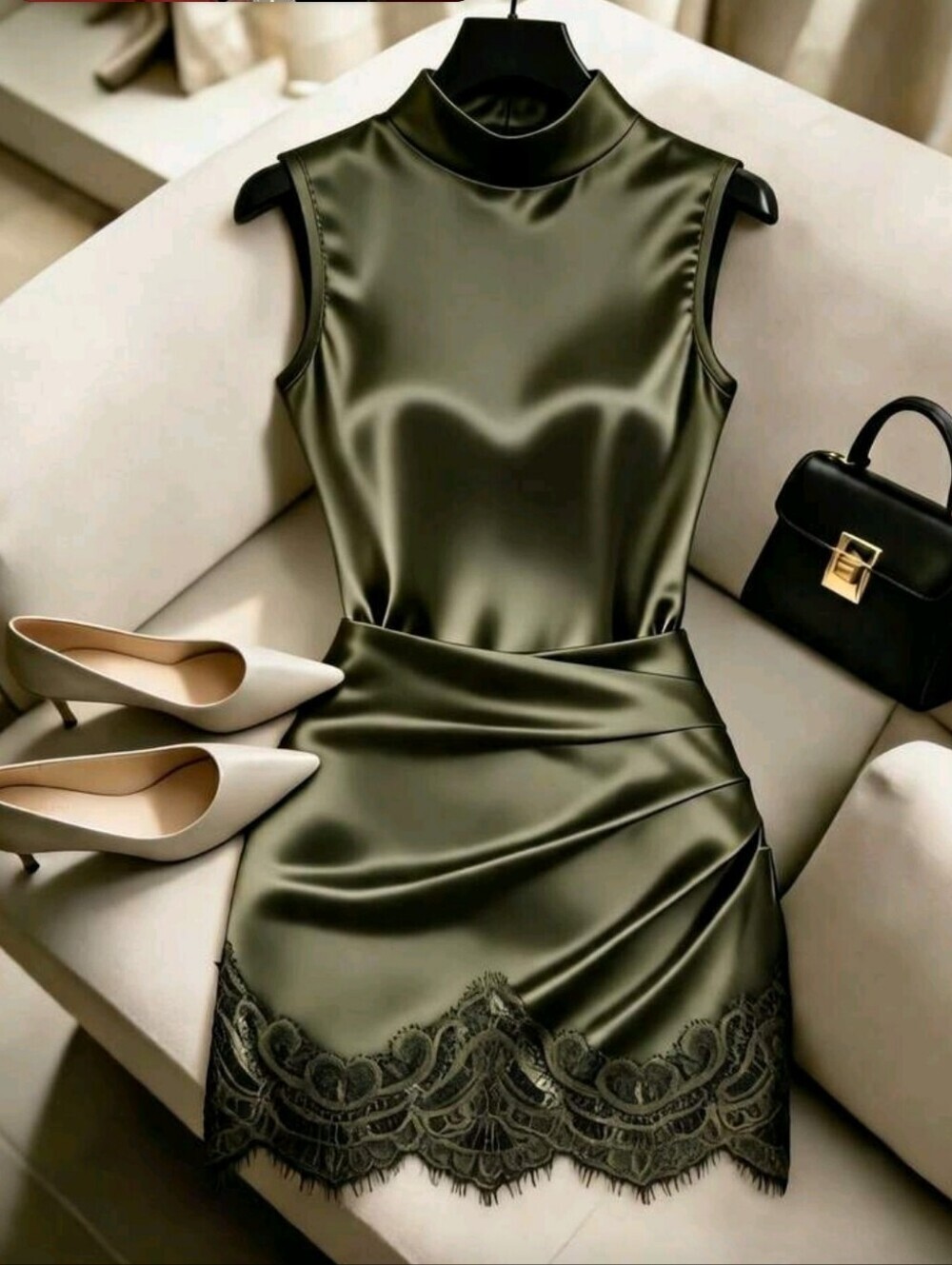 Women's Fashion New Satin High Neck Sleeveless Pleated Waist Shaping Asy - Picture 1 of 4